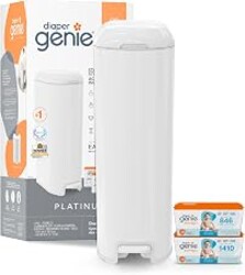 Diaper Genie Platinum Diaper Pail Gift Set | Hands-Free Odor Control with Foot Pedal | Stainless Steel Baby Diaper Pail | Includes 2 Easy Roll Refills 48 Bags Total | Baby Registry Must-Have