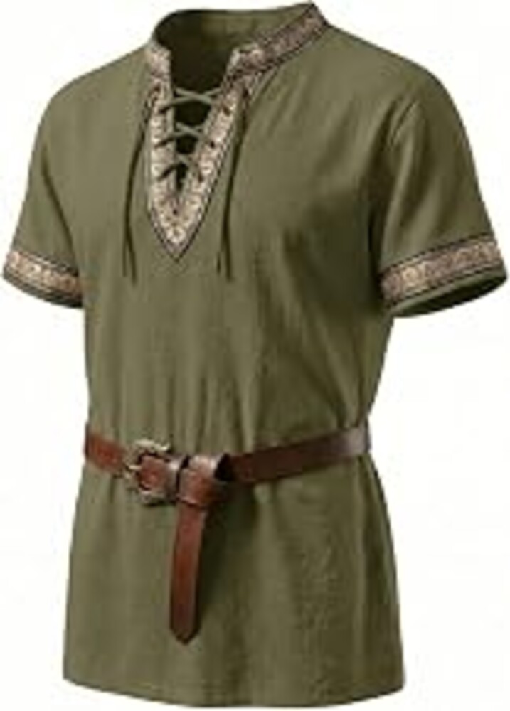 Runcati Mens Medieval Pirate Shirt Renaissance Shirts Viking Costume Tops | Without Belt,Pure Cotton,Short Sleeve,Embroidered Hemline,Halloween Cosplay Tunic,Retro Lace Up Shirt,Renfaire Outfit Men