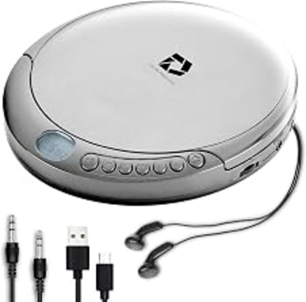 Deluxe Products CD Player Portable with 60 Second Anti Skip, Stereo Earbuds, Includes Aux in Cable and AC USB Power Cable for use at Home or in Car. Silver