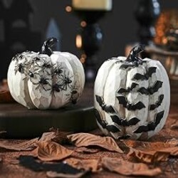 FESTGLOX Black and White Pumpkins with Bats for Halloween Indoor Decor | 2Pcs Resin Halloween Pumpkins, Small Decorative Pumpkins for Halloween Decorations, Home Tabletop Indoor Party Decor