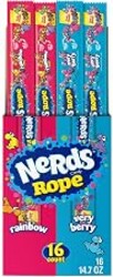 NERDS Rope Variety Box Candy, Rainbow & Very Berry, 0.92 oz, 16 Ct | Gummy rope, tangy crunchy NERDS candy coating, 2 flavors, individually wrapped, party box, lunchbox, sharing, bulk