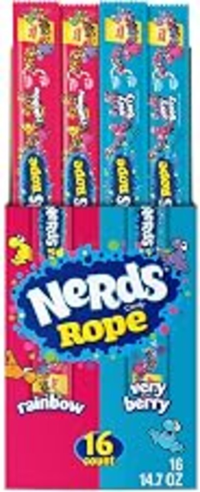 NERDS Rope Variety Box Candy, Rainbow & Very Berry, 0.92 oz, 16 Ct | Gummy rope, tangy crunchy NERDS candy coating, 2 flavors, individually wrapped, party box, lunchbox, sharing, bulk