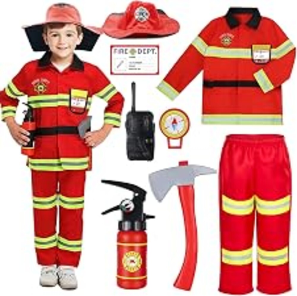 Rizuko Kids Firefighter Costume Set,8PCS Fireman Outfit with Pretend Tools | Dress-Up Outfit for Boys & Girls, Ideal for Halloween & Career Day Role Play