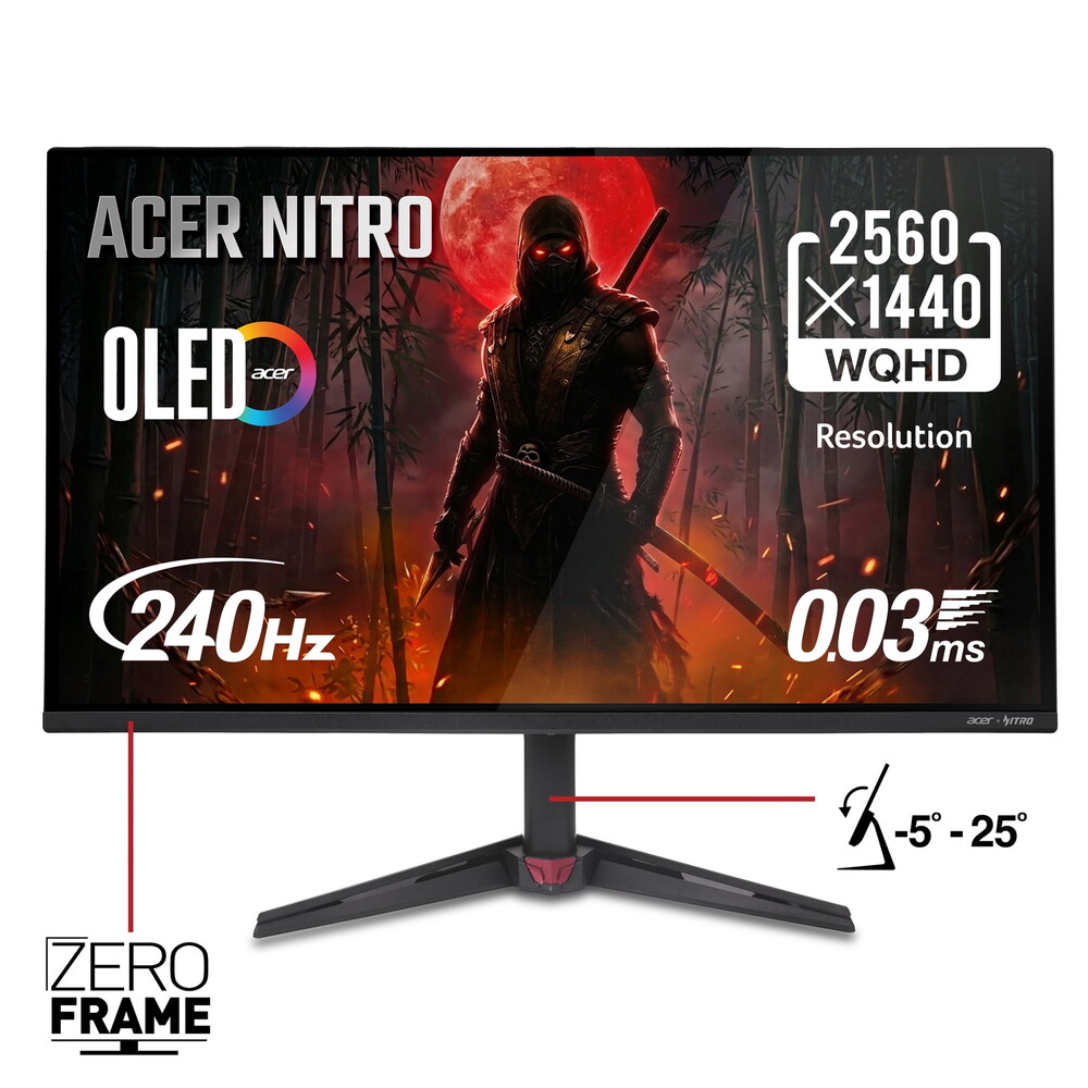 Acer Nitro 27" WQHD (2560 x 1440) QD-OLED Gaming Monitor, AMD FreeSync Premium Technology, 240Hz Refresh Rate, 0.03ms Response Time, 400nits at HDR 10%, DCI-P3 99%, Black, VG277U Xbiip