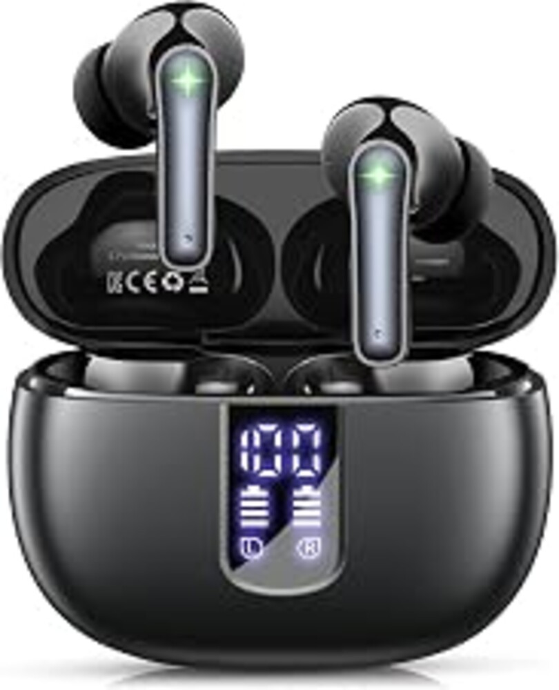 Bluetooth 5.3 Headphones Wireless Earbuds for iPhone Andriod Phones | Bass Stereo Earbuds with LED Display, IPX7 Waterproof Design & Noise Cancelling Mic
