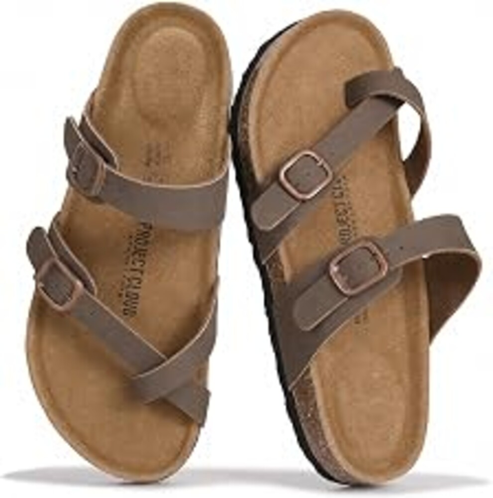 Project Cloud 100% Genuine Leather Womens Sandals Footbed Slides for Women | Comfortable Women Sandals Memory Foam Insole Cork Footbed Sandals for Women Water-Resistant Beach Slides Summer Sandals Women