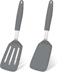 POTWIY 2 Pack Silicone Kitchen Spatula Set, 600°F Heat Resistant (Gray) | BPA Free, Solid & Slotted Turner, Non-Toxic Cooking Utensils, Safe for Non Stick Frying Pan, Dishwasher Safe