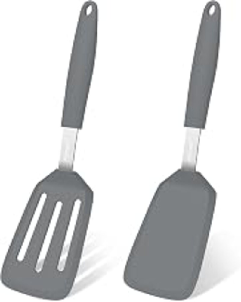 POTWIY 2 Pack Silicone Kitchen Spatula Set, 600°F Heat Resistant (Gray) | BPA Free, Solid & Slotted Turner, Non-Toxic Cooking Utensils, Safe for Non Stick Frying Pan, Dishwasher Safe