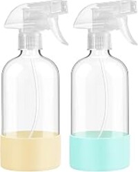 16oz 2Pack Glass Spray Bottles with Silicone Sleeve Pale Yellow&Mint Green | Leak Proof Reusable Empty Spray Bottles with Adjustable Nozzle for Hair, Cleaning Solutions, Plants