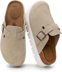 Call It Comfort 100% Genuine Leather Platform Slip On Mules for Women Memory Foam Arch Support Cork Footbed Casual Walk Clogs Slippers Shoes