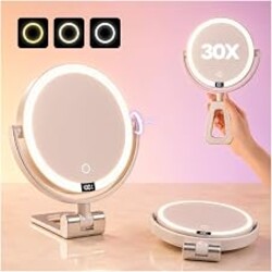 ELYYSORA 1X/30X Makeup Mirror with Lights, Rechargeable Magnifying Mirror | 7 in Tabletop, 70 LEDs, 3 Color Dimming, Battery Display, 360 Rotation, 2000mAh Battery for Desk, Dorm, Travel, Gift