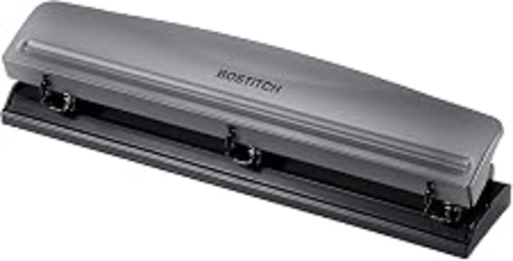 Bostitch Office Premium 3 Hole Punch, 12 Sheet Capacity, Metal, Rubber Base, Easy-Clean Tray, Silver, Gray