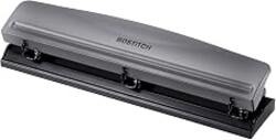 Bostitch Office Premium 3 Hole Punch, 12 Sheet Capacity, Metal, Rubber Base, Easy-Clean Tray, Silver, Gray