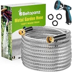 Beitopamz 100 ft Stainless Steel Metal Garden Hose with Nozzle | Non Kinking Design, Stainless Steel Heavy Duty Water Hose 100ft Flexible & NON Expandable for Water Flow,3/4'' Brass Fittings
