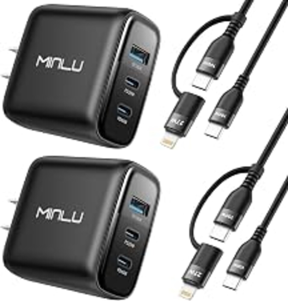 65W USB C Charger Block, MINLU GaN 3-Port Compact Fast PPS Wall Charger with 100W 2 in 1 USB-C to C/L Cable,Fast Charging for MacBook Pro/Air,iPad,iPhone 17 16 15 Series,Galaxy S25 UItra PS - 2Pack
