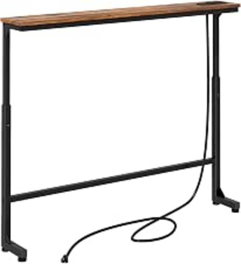 Kitstorack Narrow Console Table Behind Sofa Couch, Design with Adjustable Height (25"-33") & Power Outlets, Small Entryway Table - 5.9" D x39.4 L, Rustic Brown