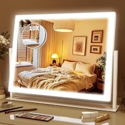 ROLOVE Lighted Makeup Mirror 16.3"x12.6", Hollywood Vanity Mirror with 10X Magnifier, 3 Color LED Lighting Modes, Smart Touch Control & 360° Rotation, Tabletop Makeup Mirror (White, Gift Ready)