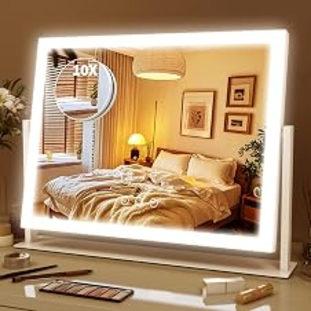 ROLOVE Lighted Makeup Mirror 16.3"x12.6", Hollywood Vanity Mirror with 10X Magnifier, 3 Color LED Lighting Modes, Smart Touch Control & 360° Rotation, Tabletop Makeup Mirror (White, Gift Ready)