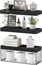 QEEIG Bathroom Shelves Over Toilet Wall Mounted (Black, Set of 3, 15.7") | 16 inch Small Floating Shelves with Paper Storage for Farmhouse Display Decor, Rustic Vanity Area Organizer Sets (019-B3)