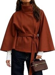 Hooever Women Batwing Sleeve Ponchos Pea Coat Wool Blend Stand Collar Jacket Winter Cropped Overcoat