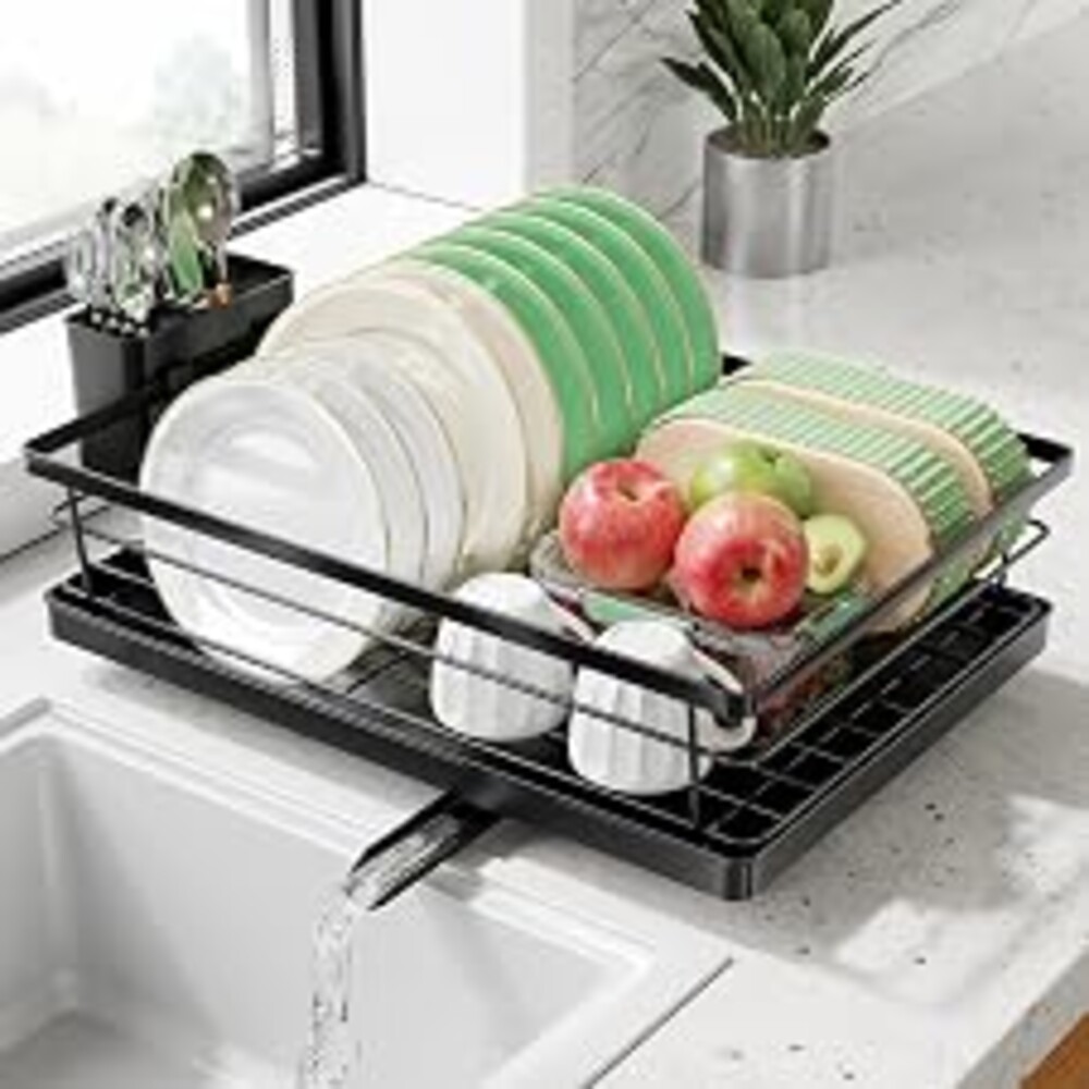Simple Trending Dish Drying Rack for Kitchen Counter, 15.75'' D x 12'' W | Stainless Steel Dish Rack, Quick Drainage Dish Drainer with Cutlery Holder & Drainboard, Space-Saving, Easy Installation