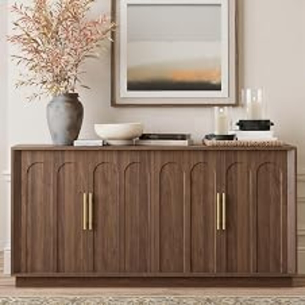 FORTUNETEC 67" Sideboard Buffet Cabinet with Storage, Arched Doors, Walnut | Mid Century Modern Accent Cabinet with Wood Gain, Modular Media Console, Credenza for Living Dining Room Kitchen Entryway