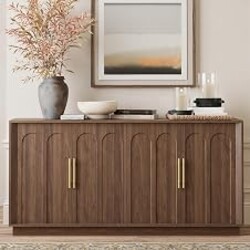 FORTUNETEC 67" Sideboard Buffet Cabinet with Storage, Arched Doors, Walnut | Mid Century Modern Accent Cabinet with Wood Gain, Modular Media Console, Credenza for Living Dining Room Kitchen Entryway