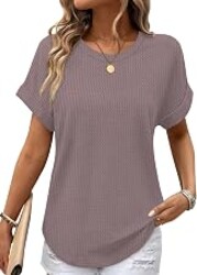 Sampeel Summer Tops for Women 2026 Trendy Rolled Short Sleeve Shirts Waffle Knit Crew Neck Tops Curved Hem Fashion Clothing