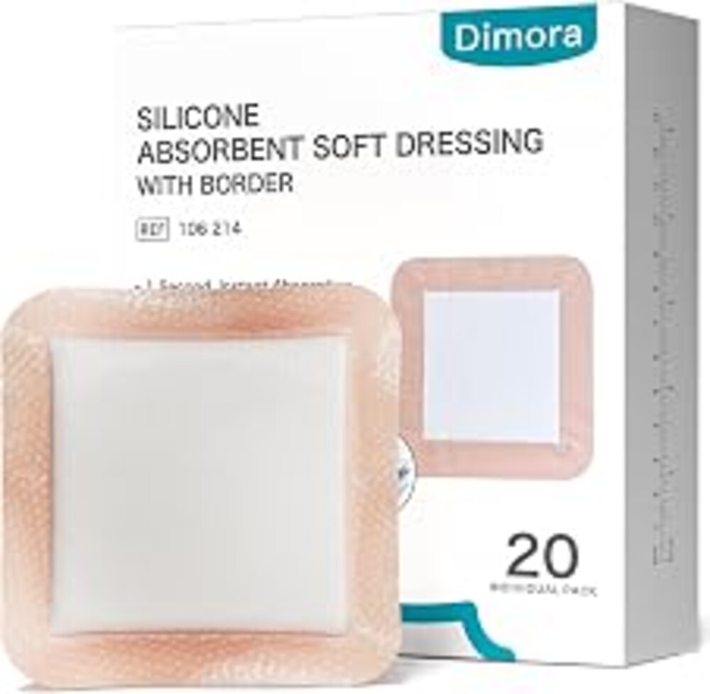 Dimora 20 Count Silicone Super Absorbent Wound Dressing - Gentle Border 5" x 5" Adhesive Bandages for Diabetic Foot Ulcers, Heavy Exudate Wound Care Pads with Ultrasorb Polymer