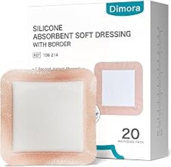 Dimora 20 Count Silicone Super Absorbent Wound Dressing - Gentle Border 5" x 5" Adhesive Bandages for Diabetic Foot Ulcers, Heavy Exudate Wound Care Pads with Ultrasorb Polymer