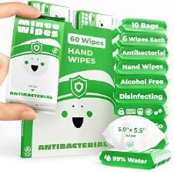 Impossibly Compact Travel Antibacterial Wipes Hand Sanitizer - 99% Water and Aloe - Safe for Sensitive Skin, Hand Wipes - Travel Essentials For Adults & Kids, 10 Pack Total 60 Wipes