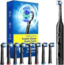 Rotating Electric Toothbrush for Adults, 8 Heads 2 Types, 4 Modes, Black | Rotating Electric Toothbrush for Adults, 8 Brush Heads (2 Types), 4 Modes Deep Clean Rechargeable, 2 Min Smart Timer Black