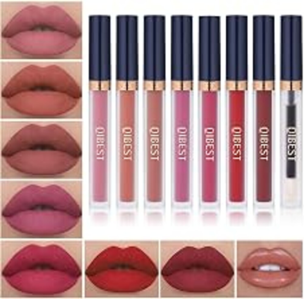 QiBest 7Pcs Matte Liquid Lipstick + 1Pcs Lip Plumper Makeup Set Kit, Pigmented Long Lasting Lip Gloss Set, Velvet Waterproof Halloween Lip Makeup Valentine's Day Gift Sets for Girls and Women