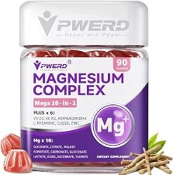PWERD Magnesium Complex 16-in-1 Glycinate Gummies for Women and Men | Sleep, Magnesium Gummies with D3 K2, Ashwagandha, Malate,Citrate,L-theanine, Zinc – No Added Sugar Vegan Gummies,90 Count