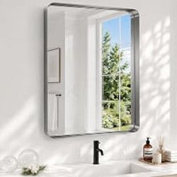 WISSMIELS 28x36 Inch Black Bathroom Mirror Metal Framed, HD Tempered Glass | Matte Black Bathroom Vanity Mirror, Rounded Rectangle, Rust-Resistant Aluminum Frame, Hangs Horizontally or Vertically