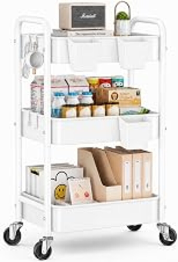 3 Tier Heavy Duty Metal Rolling Storage Cart Organizer with Wheels, White | Three Tiered Utility Shelves on Wheels, Roller Shelf Carts for Kitchen, Bedside, Laundry, Snack, Craft, Art Supply, Pantry