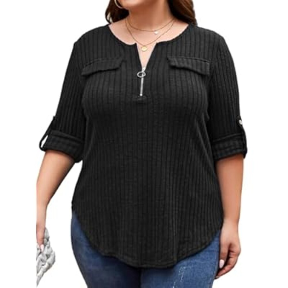 Hithymo Plus Size Sweaters for Women Lightweight 3/4 Sleeve Quarter Zip V Neck Ribbed Business Casual Blouses Tops