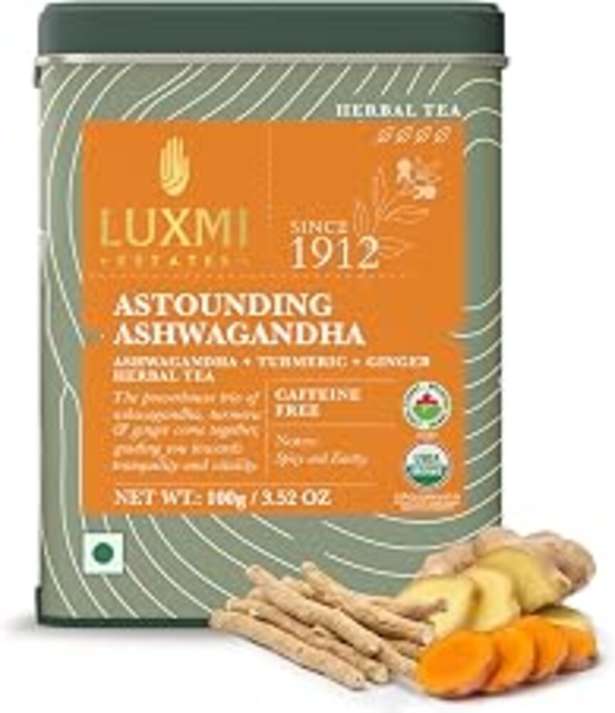 Luxmi Estates Ashwagandha Turmeric Tea | Organic Loose Leaf, 100g/3.5oz, (50 Cups) | Herbal Blend with Ashwagandha, Turmeric, Ginger, Lemongrass | Caffeine-Free