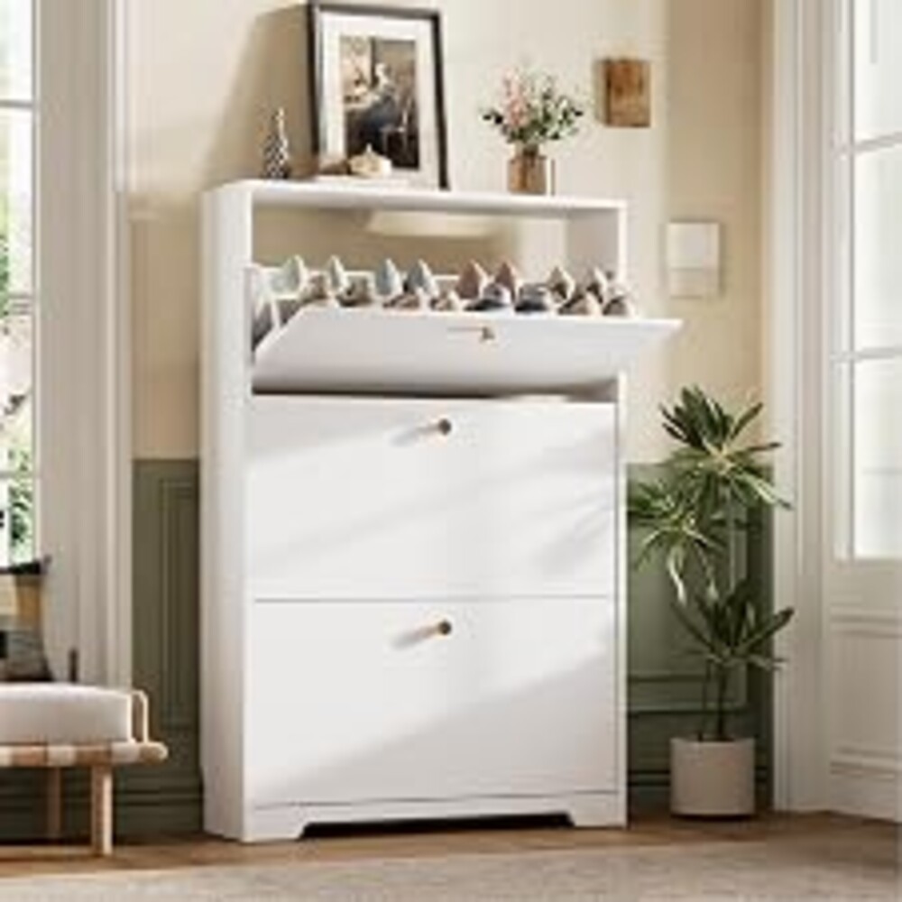 Nicetree Shoe Cabinet with 3 Flip Drawers, Narrow Shoe Organizer Cabinet, Freestanding Shoe Rack Cabinet, Modern Shoe Storage Cabinet for Entryway, Hallway, Foyer, White