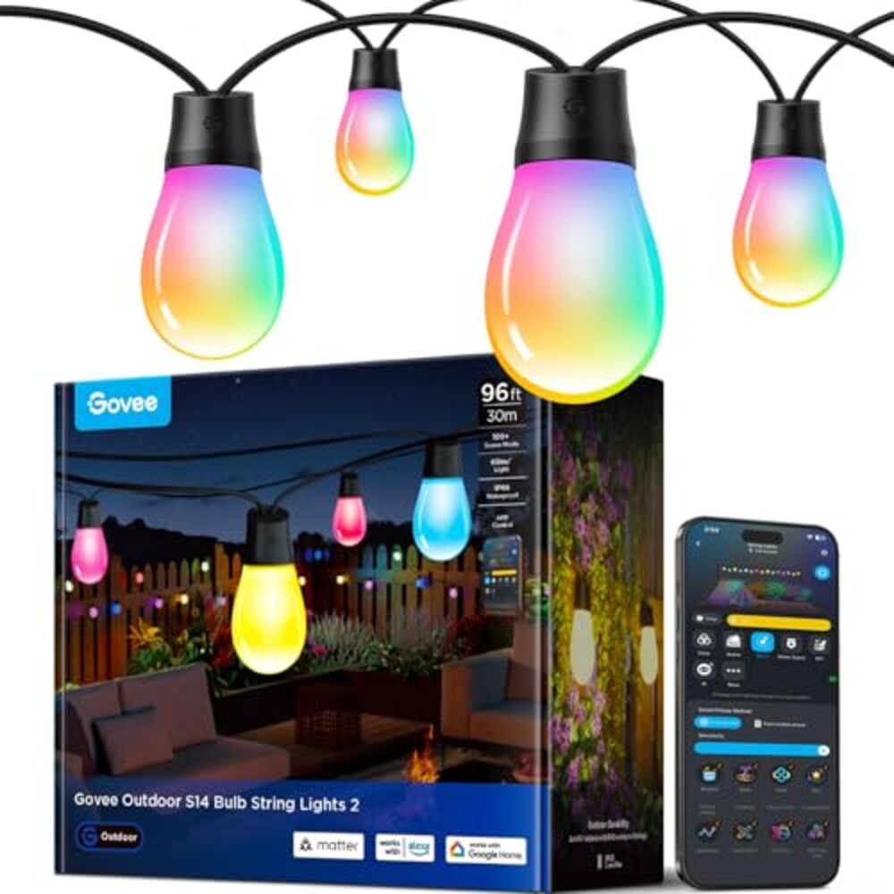 Govee S14 Bulb Outdoor String Lights 2, 96ft RGBICWW, 30 LED Bulbs, IP66 | Patio Lights with 111 Scene Modes for Patio, Backyard, Garden, Compatible with Alexa, Google, Matter, APP Control
