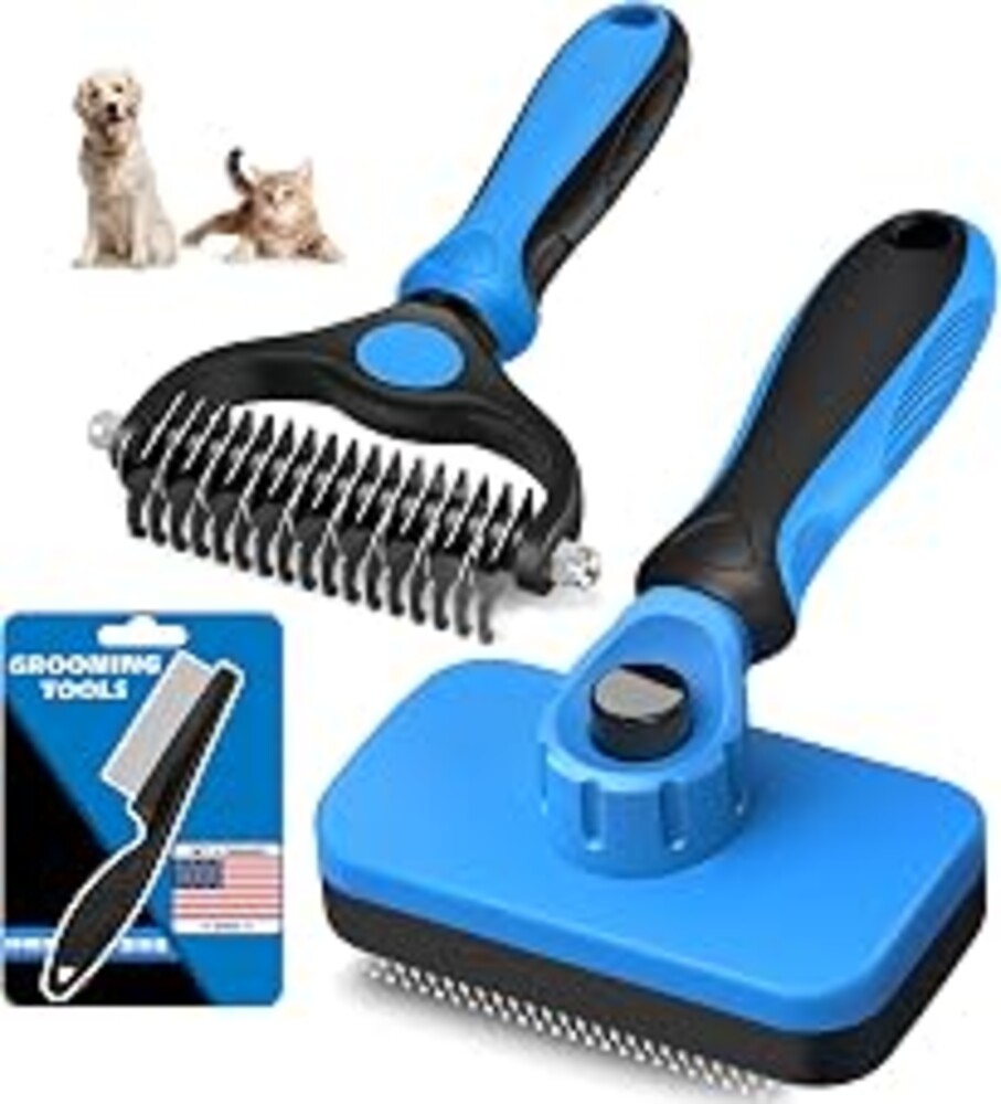 Professional 3PCS Self Cleaning Slicker Brush & Pet Grooming Rake & Flea Comb for Dogs,Cats and Horses | Double-Sided Dematting Comb & Skin Friendly Deshedding Grooming Tool | Pet Supplies
