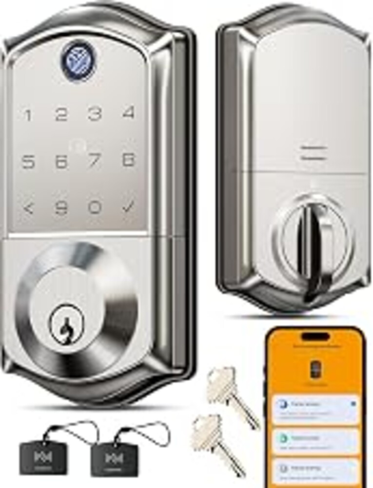 Veise VE017 Fingerprint Smart Door Lock with App Control, Satin Nickel | 8-in-1 Keyless Entry, Smart User Management, Auto Lock, Electronic Touchscreen Keypad, USB-C Port, Deadbolt for Front Door