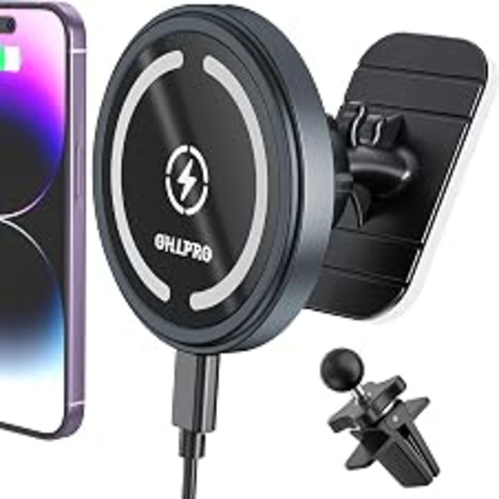 OHLPRO for MagSafe Car Mount Charger iPhone 15W Wireless Car Charger | Stick on Dashboard & Air Vent Magnetic Phone Holder Mount for iPhone 17-12 Series, Fast Charging, Aluminum Shell