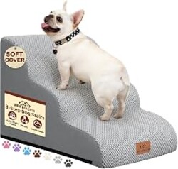Zerbuger Dog Ramp and Stairs for Bed, Light Grey 3 Steps 16" H, Nonslip | 16" H-22 H, 3 Step Cat Stair, 4 Step Dog Ramps for High Bed Window, Durable Nonslip Fabric Cover for Indoor