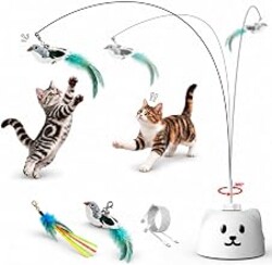 Interactive Cat Toys for Indoor Cats, 360° Automatic Spin Flying Bird Wand | 8cm Suction Cup & Weighted Base, Silicone-Protected Rod, USB Rechargeable with Replaceable Feather & Streamer Attachments