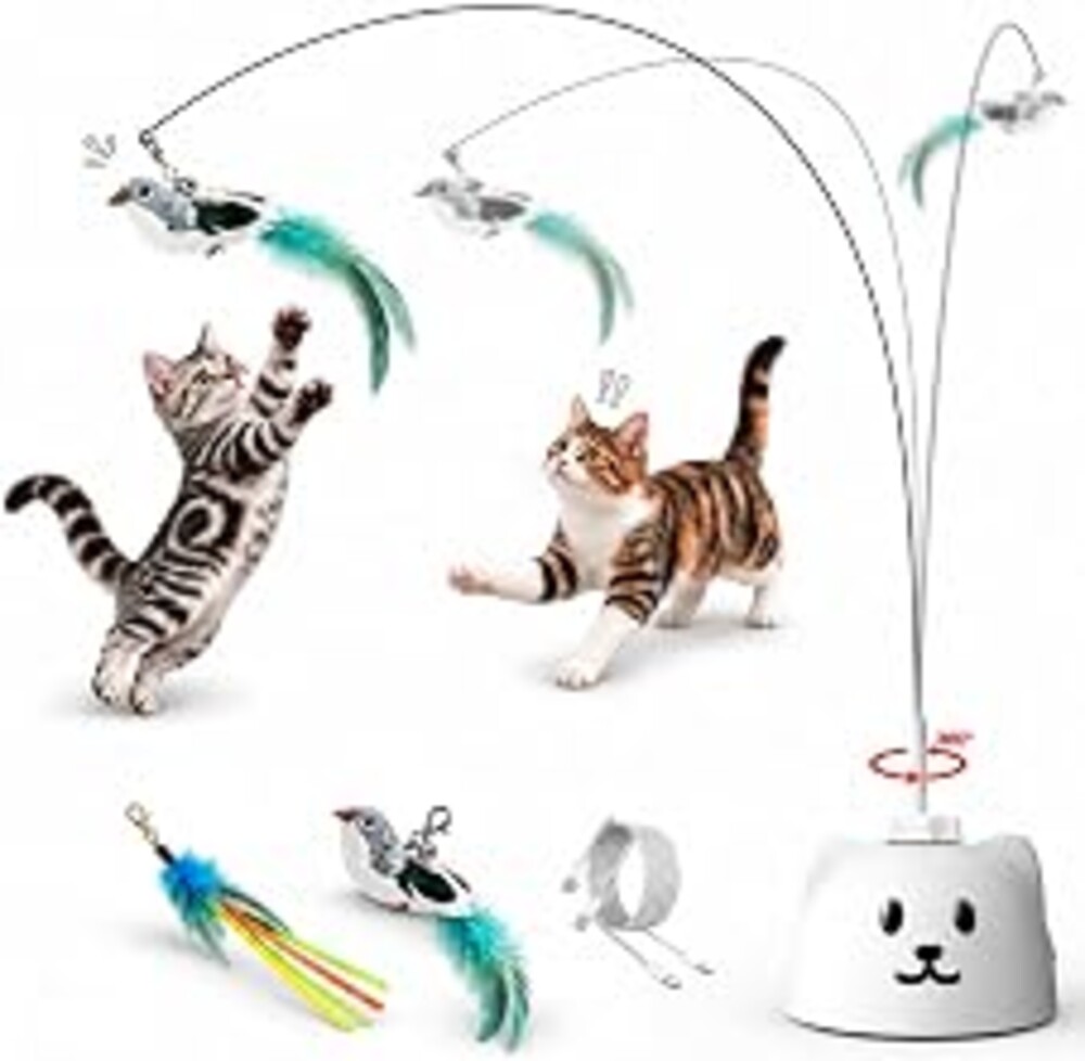 Interactive Cat Toys for Indoor Cats, 360° Automatic Spin Flying Bird Wand | 8cm Suction Cup & Weighted Base, Silicone-Protected Rod, USB Rechargeable with Replaceable Feather & Streamer Attachments