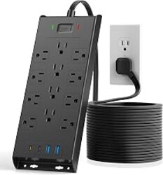 Surge Protector Power Strip 4800J, LeZone 25Ft Long Extension Cord Flat Plug, 12 Outlets 2 USB C 2 USB Ports, Wall Mountable, Desk Charging Station, Black
