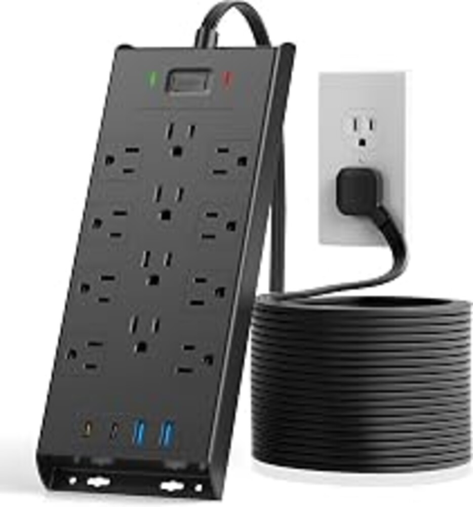 Surge Protector Power Strip 4800J, LeZone 25Ft Long Extension Cord Flat Plug, 12 Outlets 2 USB C 2 USB Ports, Wall Mountable, Desk Charging Station, Black