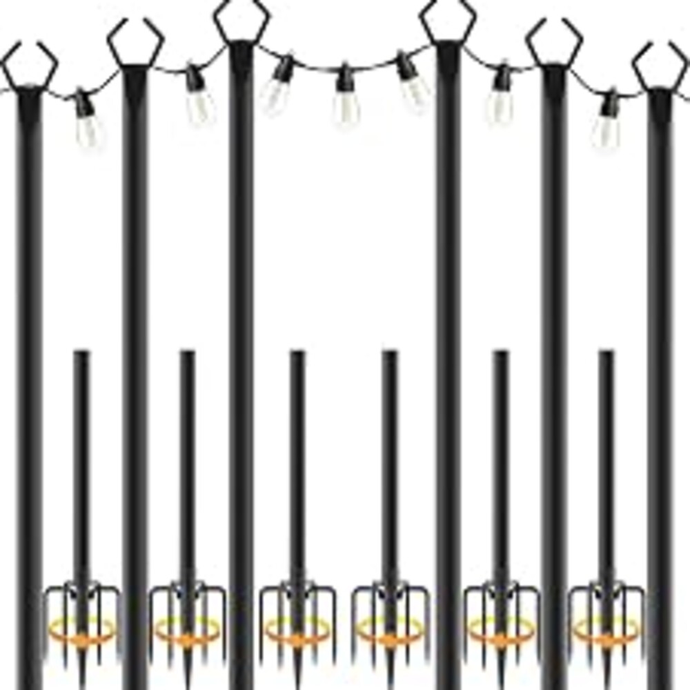 NSHWFW 6 Pack 10 ft Heavy Duty Metal String Light Poles Adjustable Outdoor Lighting Stand for Patio,Backyard,Garden,Party & Wedding Rustproof & Sturdy with Hooks