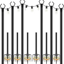 NSHWFW 6 Pack 10 ft Heavy Duty Metal String Light Poles Adjustable Outdoor Lighting Stand for Patio,Backyard,Garden,Party & Wedding Rustproof & Sturdy with Hooks
